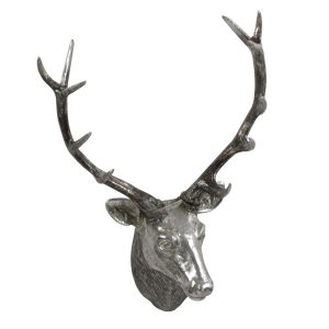 TETE DE CERF A FIXER AU MUR EN RESINE ASPECT METAL ARGENT 76 CM