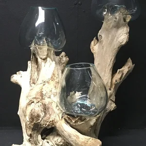 RACINE DECORATIVE EN TECK AVEC 3 BULLES DE VERRE FONDU SUR BOIS ENV 60 CM